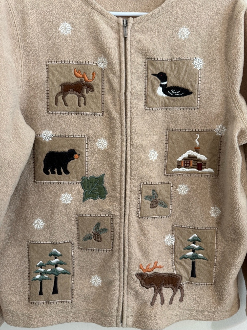 croft & barrow Womens Large Tan Zip-Front Fleece Jacket Embroidered Mountain VTG - Picture 2 of 15